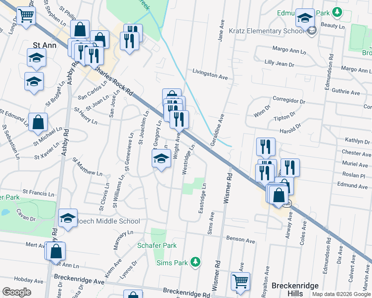 map of restaurants, bars, coffee shops, grocery stores, and more near 3573 Westridge Lane in Saint Ann
