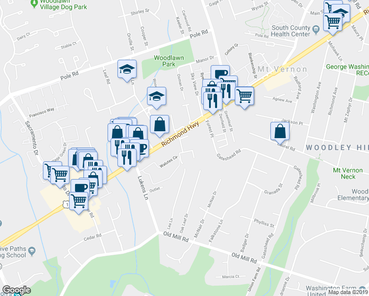 map of restaurants, bars, coffee shops, grocery stores, and more near 8557 Wyngate Manor Court in Alexandria
