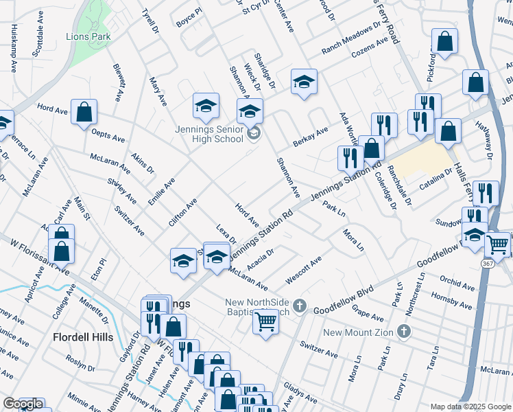 map of restaurants, bars, coffee shops, grocery stores, and more near 8804 May Avenue in Jennings