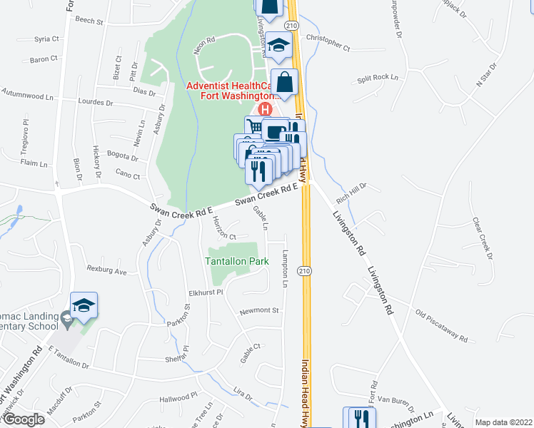 map of restaurants, bars, coffee shops, grocery stores, and more near 12208 Gable Lane in Fort Washington