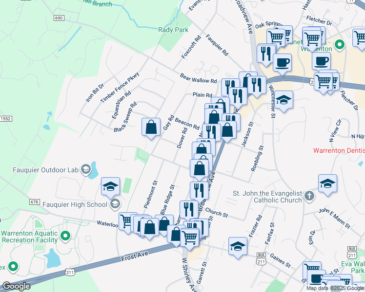map of restaurants, bars, coffee shops, grocery stores, and more near 229 Dover Road in Warrenton
