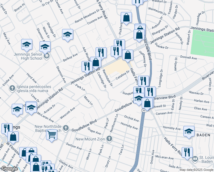 map of restaurants, bars, coffee shops, grocery stores, and more near 2029 Coleridge Drive in Jennings