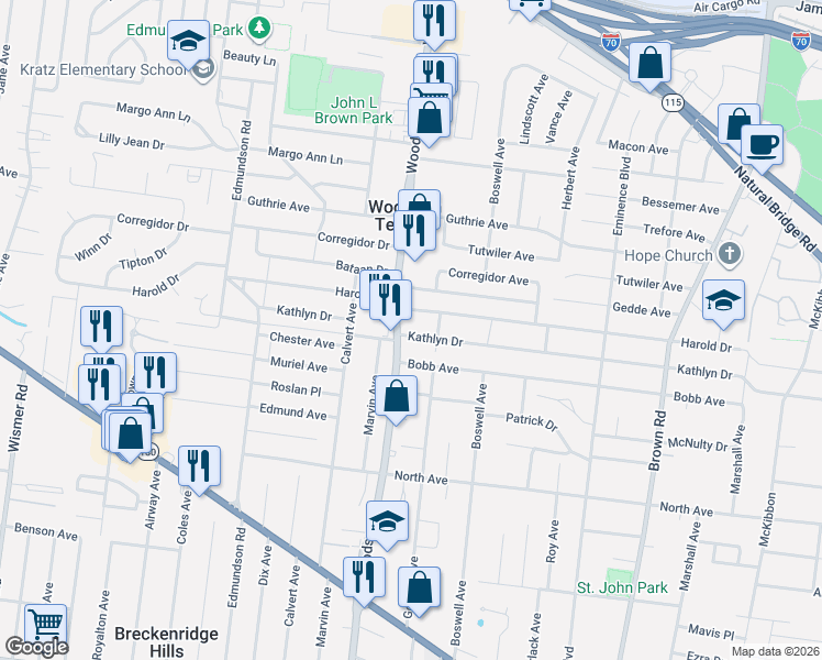 map of restaurants, bars, coffee shops, grocery stores, and more near 3835 Woodson Road in St. Louis