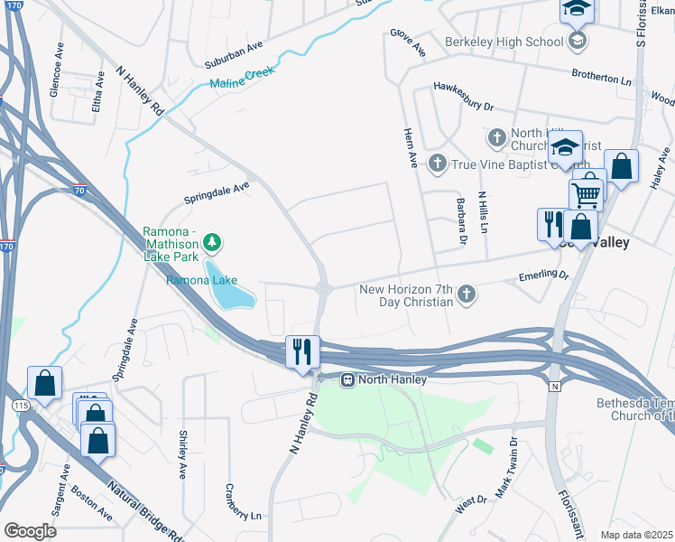 map of restaurants, bars, coffee shops, grocery stores, and more near 4600 North Hanley Road in Berkeley
