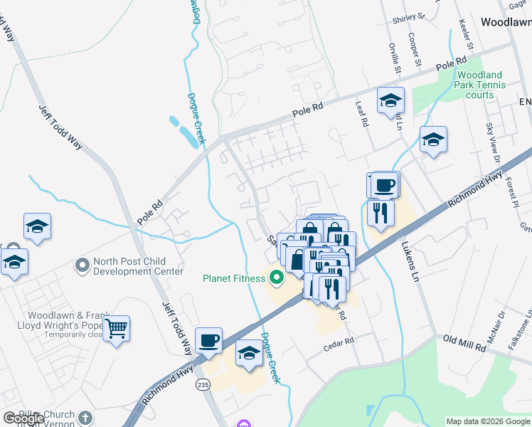 map of restaurants, bars, coffee shops, grocery stores, and more near 8601 Sacramento Drive in Alexandria