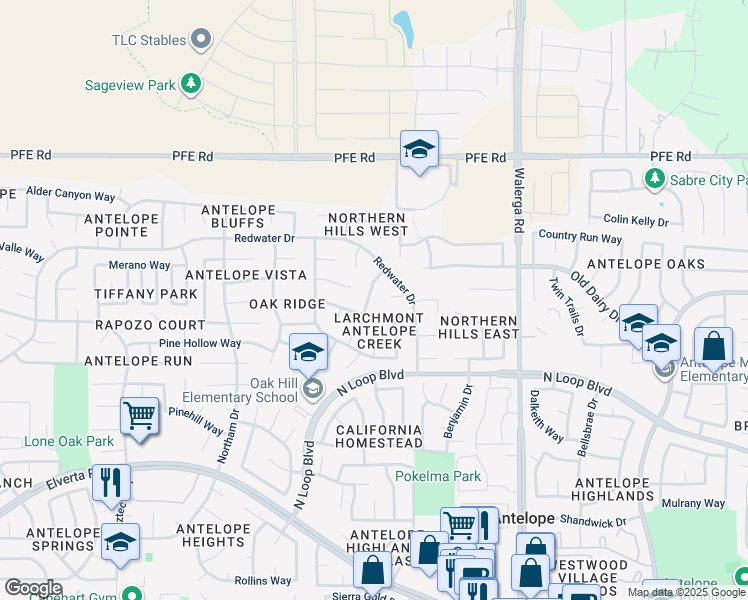 map of restaurants, bars, coffee shops, grocery stores, and more near 8512 Sutter Creek Way in Antelope