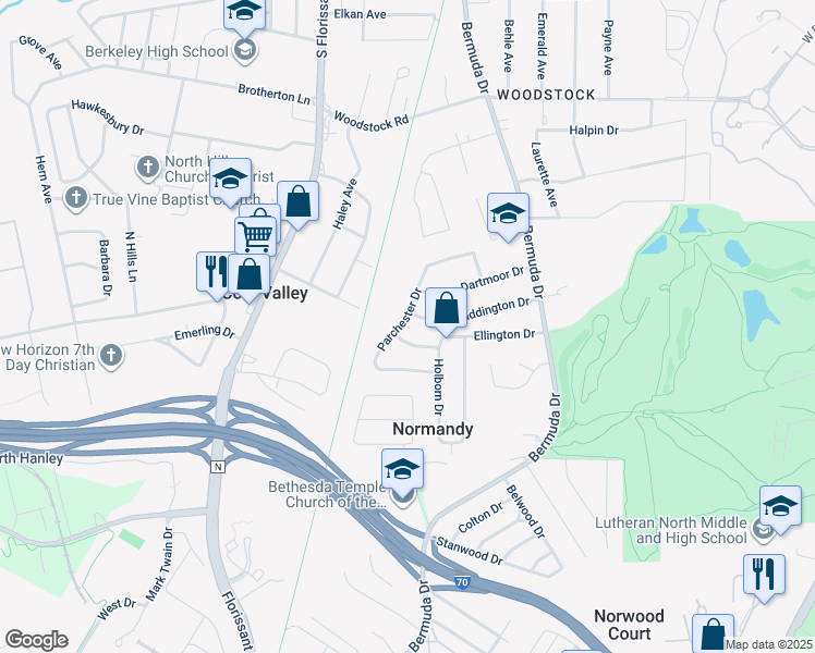 map of restaurants, bars, coffee shops, grocery stores, and more near 5646 Parchester Drive in St. Louis