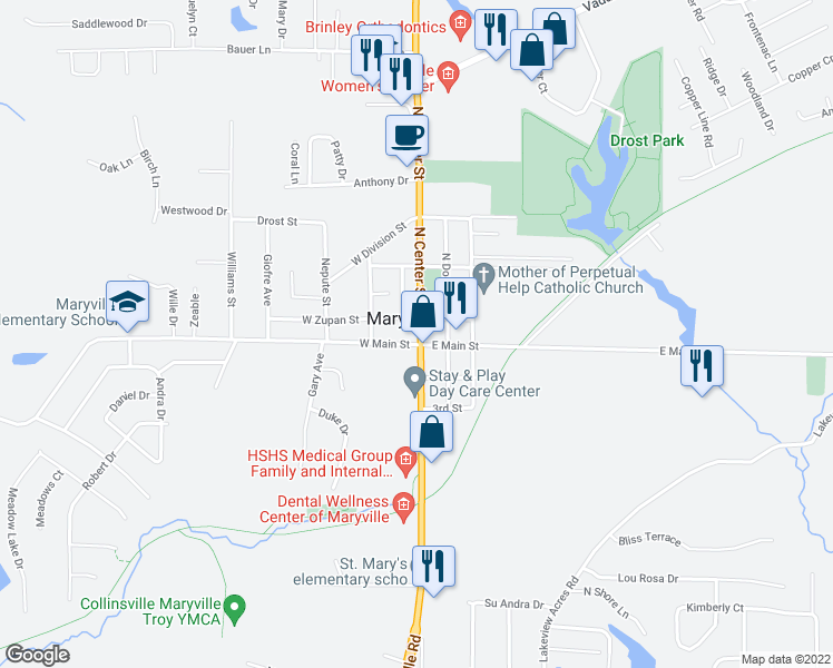 map of restaurants, bars, coffee shops, grocery stores, and more near 2115 North Center Street in Maryville