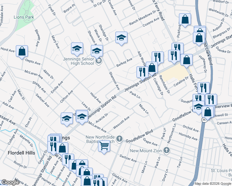 map of restaurants, bars, coffee shops, grocery stores, and more near 8844 Jennings Station Road in Jennings