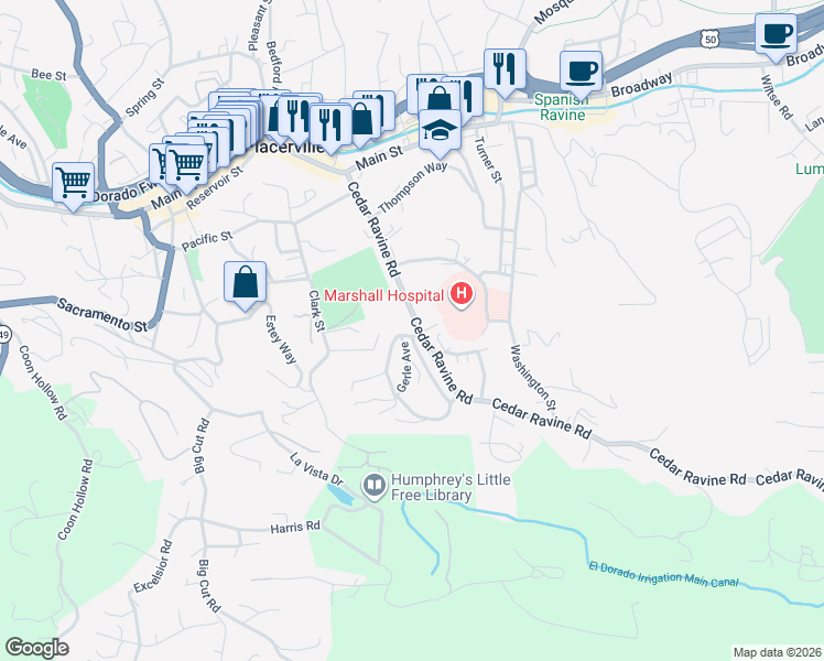 map of restaurants, bars, coffee shops, grocery stores, and more near 3178 Cedar Ravine Road in Placerville