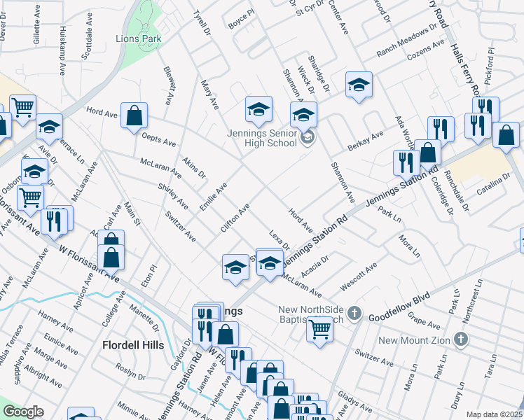 map of restaurants, bars, coffee shops, grocery stores, and more near 2209 Lexa Drive in Jennings
