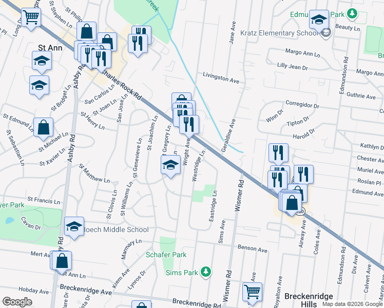 map of restaurants, bars, coffee shops, grocery stores, and more near 3573 Westridge Lane in Saint Ann