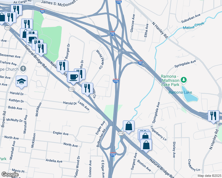 map of restaurants, bars, coffee shops, grocery stores, and more near 9309 Karole Manor Drive in St. Louis