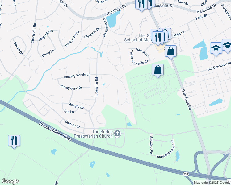 map of restaurants, bars, coffee shops, grocery stores, and more near 10608 Shady Creek Court in Manassas