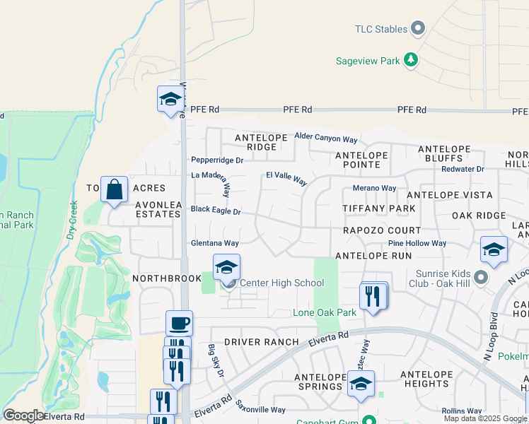 map of restaurants, bars, coffee shops, grocery stores, and more near 3227 Black Eagle Drive in Antelope