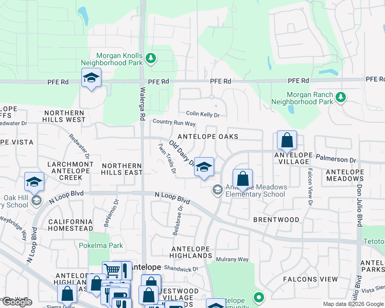 map of restaurants, bars, coffee shops, grocery stores, and more near 4561 Country Run Way in Antelope
