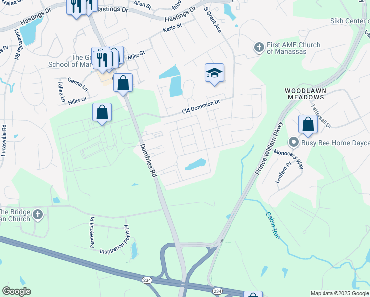 map of restaurants, bars, coffee shops, grocery stores, and more near 8871 Milton Mill Way in Manassas