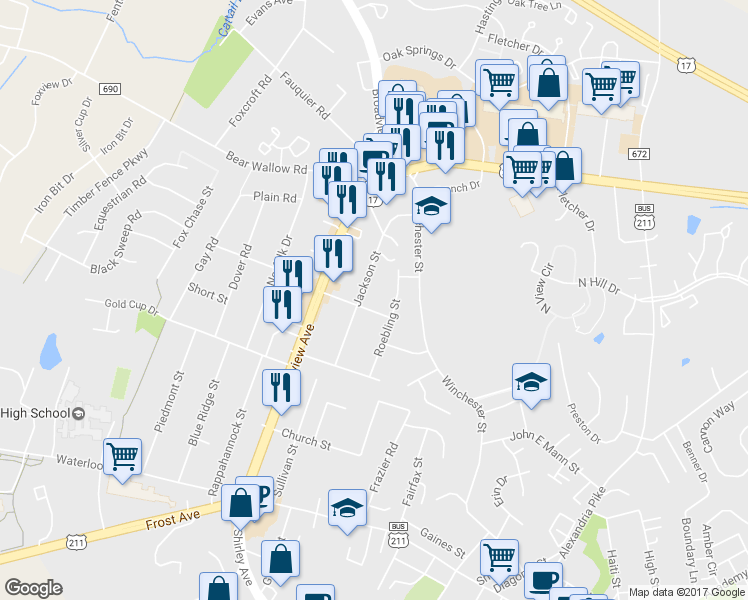 map of restaurants, bars, coffee shops, grocery stores, and more near 351 Chappell Street in Warrenton