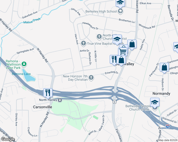 map of restaurants, bars, coffee shops, grocery stores, and more near 8436 Evans Avenue in St. Louis