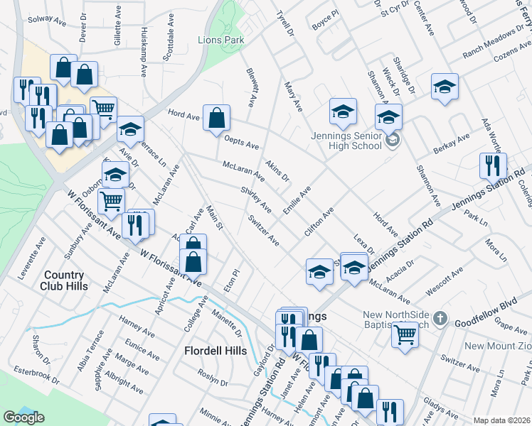 map of restaurants, bars, coffee shops, grocery stores, and more near 2412 Shirley Avenue in Jennings