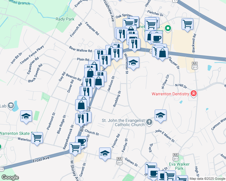 map of restaurants, bars, coffee shops, grocery stores, and more near 351 Chappell Street in Warrenton