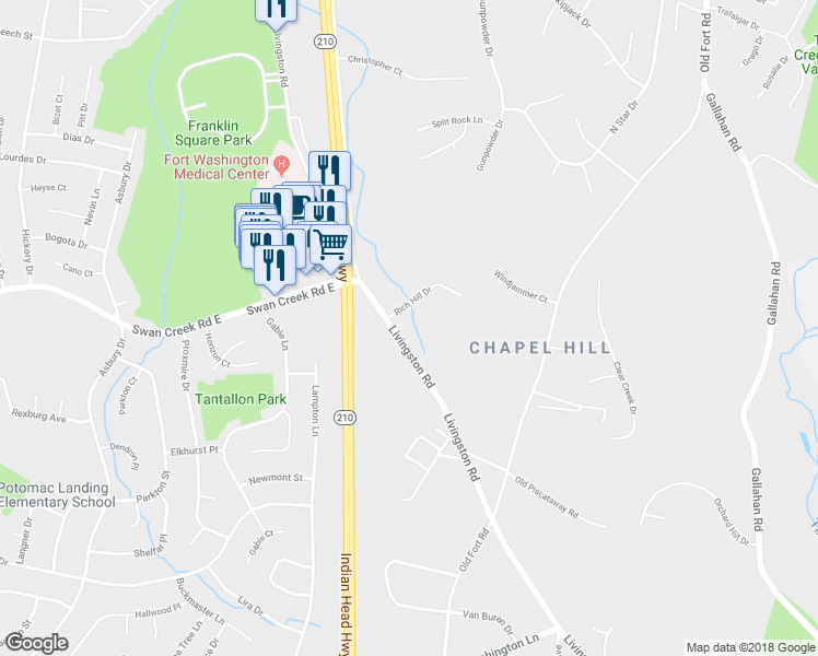 map of restaurants, bars, coffee shops, grocery stores, and more near 12110 Livingston Road in Fort Washington