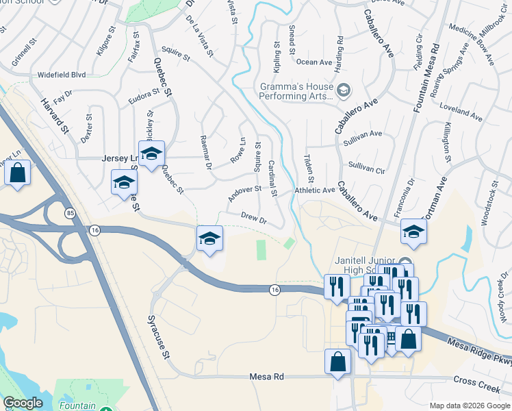map of restaurants, bars, coffee shops, grocery stores, and more near 831 Squire Street in Colorado Springs