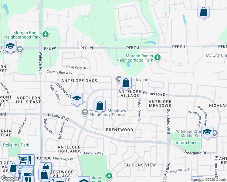 map of restaurants, bars, coffee shops, grocery stores, and more near 4835 Winter Oak Way in Antelope
