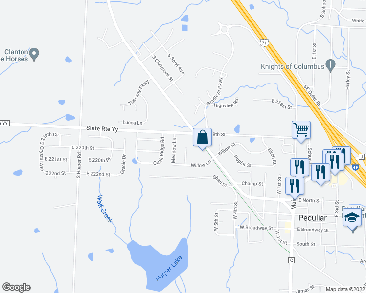 map of restaurants, bars, coffee shops, grocery stores, and more near 711A Meadow Court in Peculiar