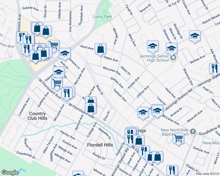 map of restaurants, bars, coffee shops, grocery stores, and more near 2502 Switzer Avenue in St. Louis