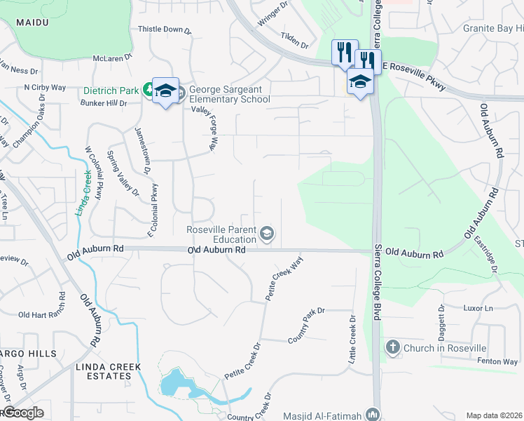 map of restaurants, bars, coffee shops, grocery stores, and more near 9581 Martella Lane in Roseville