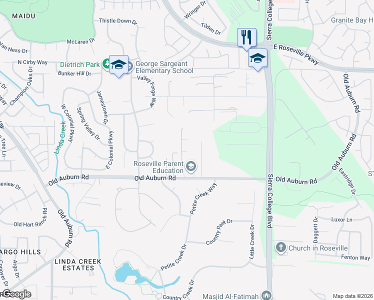 map of restaurants, bars, coffee shops, grocery stores, and more near 9581 Martella Lane in Roseville