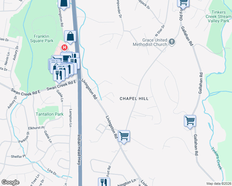 map of restaurants, bars, coffee shops, grocery stores, and more near 1404 Rich Hill Drive in Fort Washington
