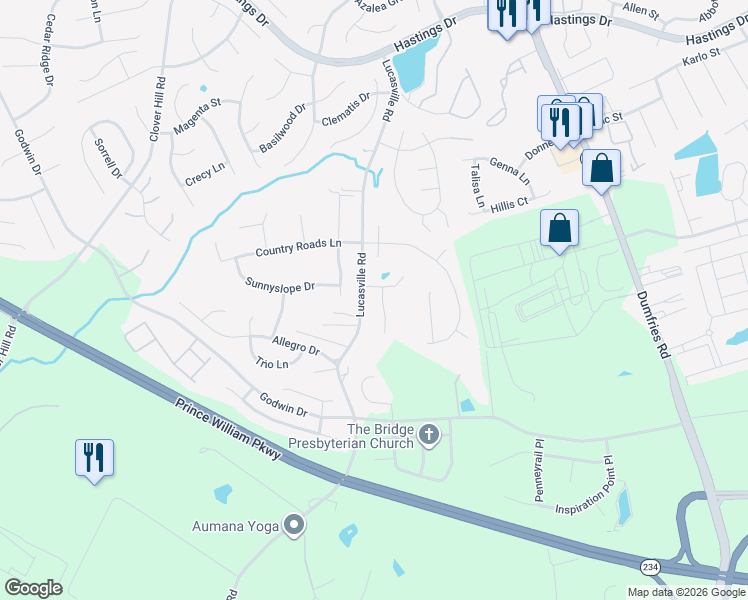 map of restaurants, bars, coffee shops, grocery stores, and more near 10624 Smith Pond Lane in Manassas