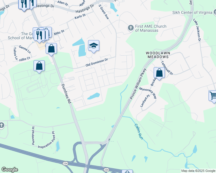 map of restaurants, bars, coffee shops, grocery stores, and more near 8755 Elsing Green Drive in Manassas