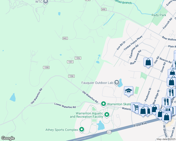 map of restaurants, bars, coffee shops, grocery stores, and more near 7486 Admiral Nelson Drive in Warrenton