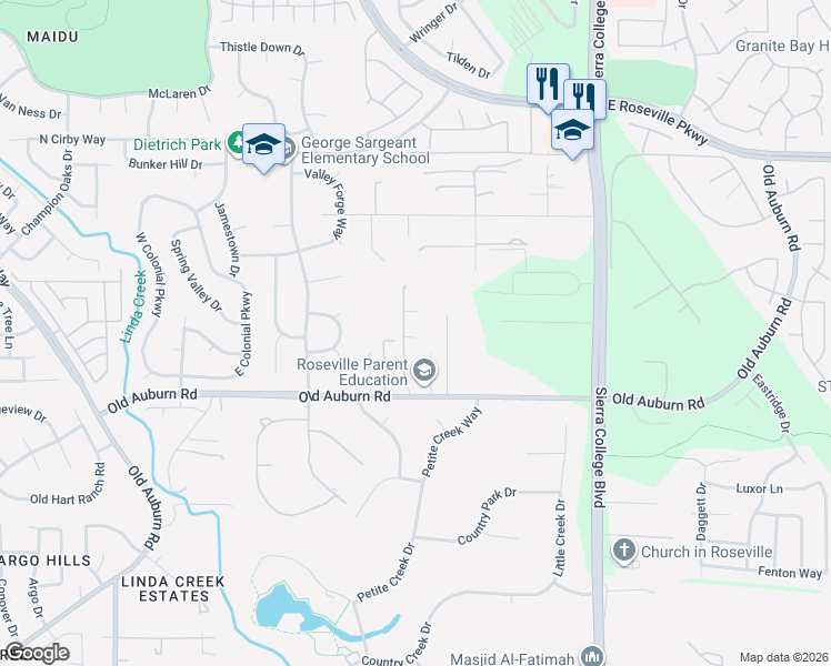 map of restaurants, bars, coffee shops, grocery stores, and more near 9581 Martella Lane in Roseville