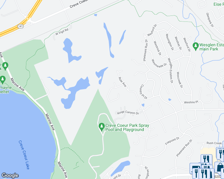 map of restaurants, bars, coffee shops, grocery stores, and more near 2202 Clouds Peak Court in Maryland Heights