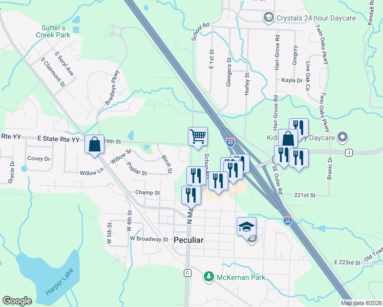 map of restaurants, bars, coffee shops, grocery stores, and more near in Peculiar