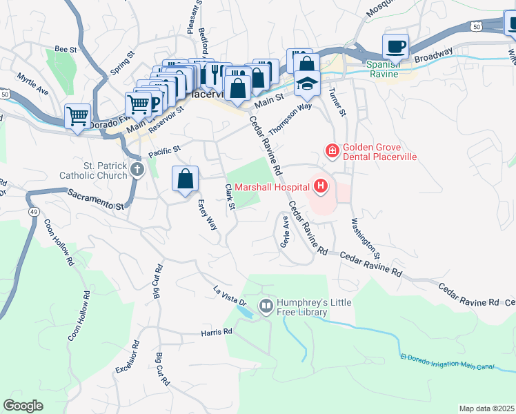 map of restaurants, bars, coffee shops, grocery stores, and more near 3082 Miles Way in Placerville