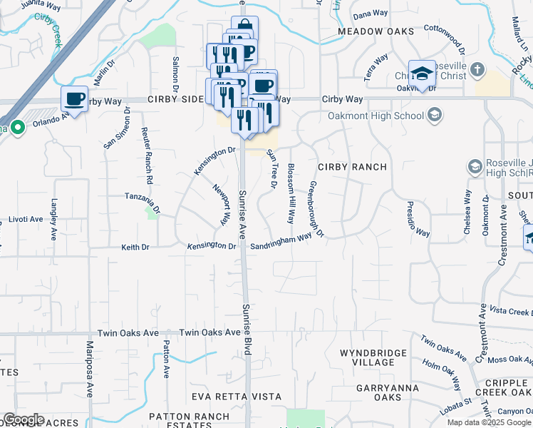map of restaurants, bars, coffee shops, grocery stores, and more near 1391 Sun Tree Drive in Roseville