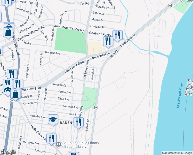 map of restaurants, bars, coffee shops, grocery stores, and more near 610 Logan Street in St. Louis