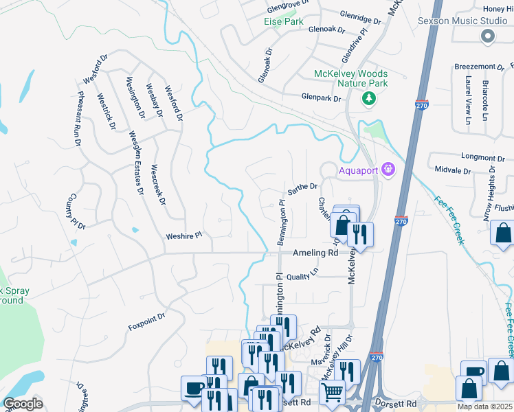 map of restaurants, bars, coffee shops, grocery stores, and more near 2401 Sarthe Court in Maryland Heights