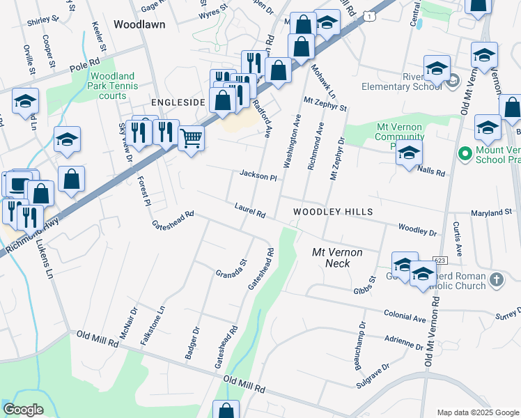 map of restaurants, bars, coffee shops, grocery stores, and more near 4232 Laurel Road in Alexandria