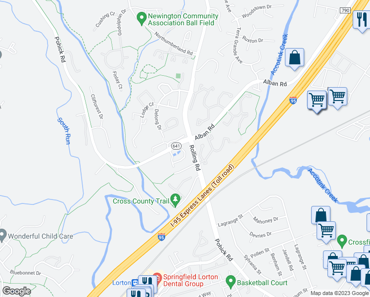 map of restaurants, bars, coffee shops, grocery stores, and more near 8605 Beech Hollow Lane in Springfield