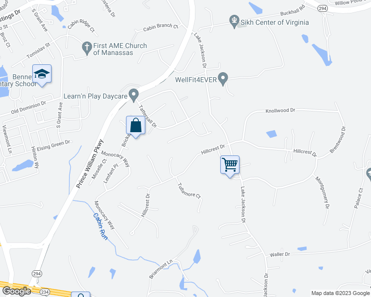 map of restaurants, bars, coffee shops, grocery stores, and more near 8146 Hillcrest Drive in Manassas