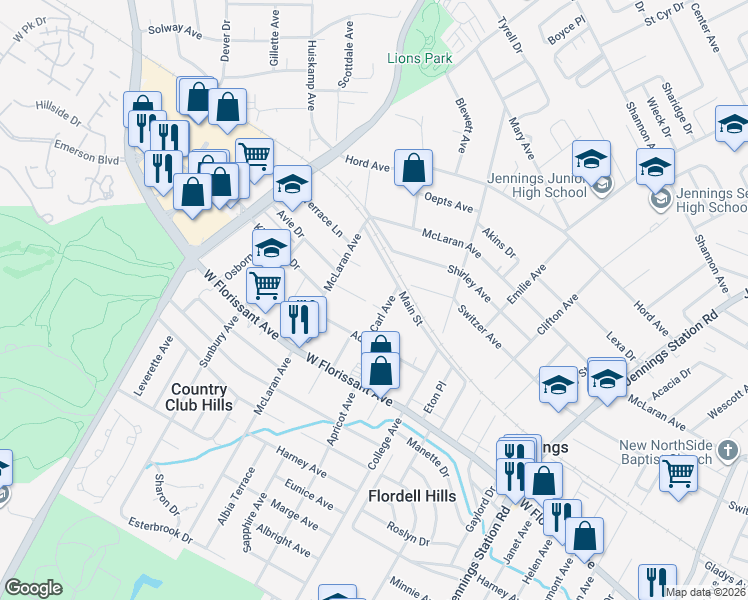 map of restaurants, bars, coffee shops, grocery stores, and more near 8433 Carl Avenue in Jennings