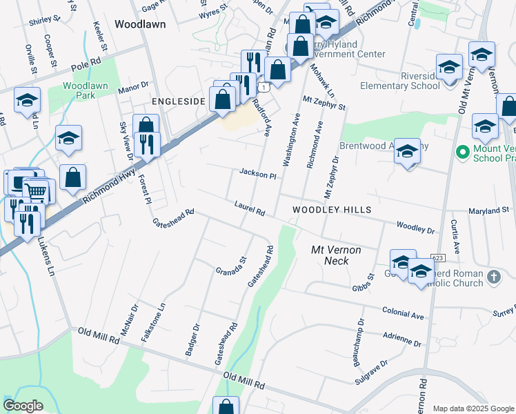map of restaurants, bars, coffee shops, grocery stores, and more near 4232 Laurel Road in Alexandria