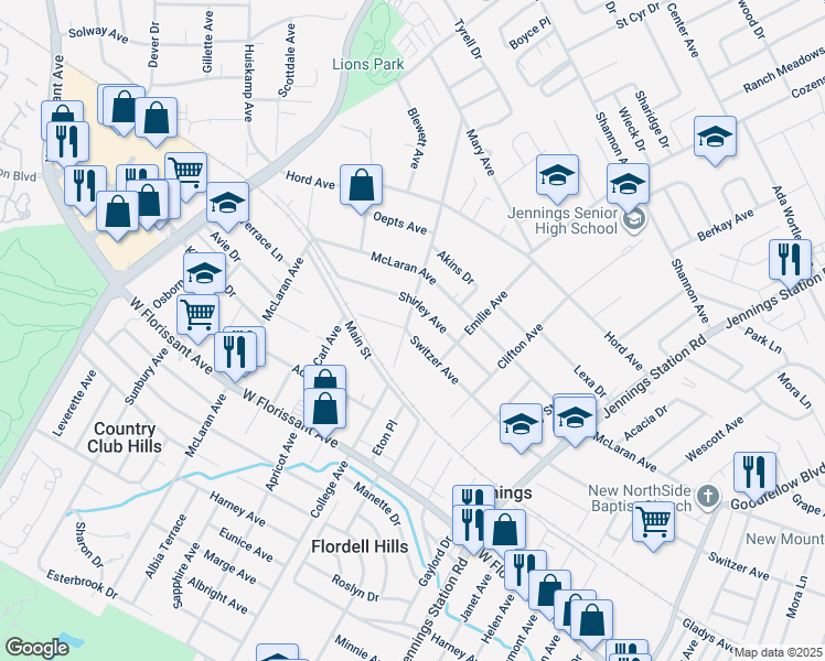 map of restaurants, bars, coffee shops, grocery stores, and more near 2502 Switzer Avenue in Jennings
