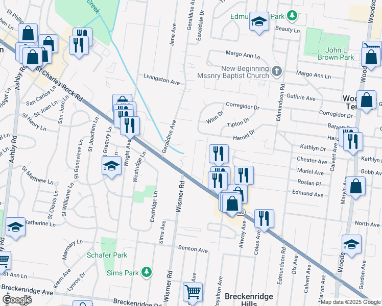 map of restaurants, bars, coffee shops, grocery stores, and more near 3639 Elsa Avenue in Saint Ann
